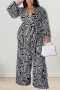 xl-5xl plus size autumn new 8 colors stretch batch printing v-neck straight stylish jumpsuit(with belt)_White