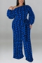 xl-5xl plus size autumn new 6 colors stretch geometric printing off-the-shoulder stylish jumpsuit(with belt)_White_Red_Blue