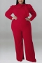 xl-5xl plus size autumn new 5 colors stretch bow long sleeves zip-up wide leg stylish jumpsuit_Black_Dark Green_Red