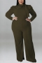 xl-5xl plus size autumn new 5 colors stretch bow long sleeves zip-up wide leg stylish jumpsuit_Black_Dark Green