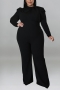 xl-5xl plus size autumn new 5 colors stretch bow long sleeves zip-up wide leg stylish jumpsuit_Black