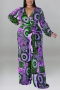 xl-5xl plus size autumn new 6 colors stretch batch printing with belt v-neck loose stylish jumpsuit_Black_Purple