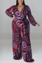 xl-5xl plus size autumn new 6 colors stretch batch printing with belt v-neck loose stylish jumpsuit_Black_Purple_Red