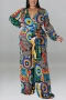 xl-5xl plus size autumn new 6 colors stretch batch printing with belt v-neck loose stylish jumpsuit_Black_Purple_Red_Blue