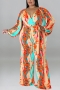 xl-5xl plus size autumn new 6 colors stretch batch printing v-neck with belt wide leg stylish jumpsuit_Black_Purple_Blue_Pink_Yellow