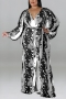 xl-5xl plus size autumn new 6 colors stretch batch printing v-neck with belt wide leg stylish jumpsuit_Black