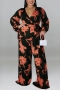 xl-5xl plus size autumn new 5 colors stretch flower printing with belt wide leg stylish jumpsuit_Black_Red_Blue_Orange