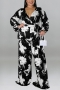 xl-5xl plus size autumn new 5 colors stretch flower printing with belt wide leg stylish jumpsuit_Black