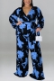 xl-5xl plus size autumn new 5 colors stretch flower printing with belt wide leg stylish jumpsuit_Black_Red_Blue