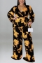 xl-5xl plus size autumn new 5 colors stretch flower printing with belt wide leg stylish jumpsuit_Black_Red_Blue_Orange_Yellow
