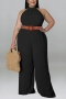 xl-5xl plus size summer new 6 colors stretch sleeveless button hollow with belt stylish jumpsuit_Black