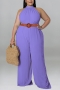 xl-5xl plus size summer new 6 colors stretch sleeveless button hollow with belt stylish jumpsuit_Black_Purple
