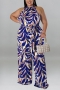 xl-5xl plus size summer new 5 colors stretch leaf printing button hollow pocket stylish jumpsuit(with belt)_Black_Purple_Rose Red_Blue