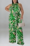 xl-5xl plus size summer new 5 colors stretch leaf printing button hollow pocket stylish jumpsuit(with belt)_Black_Purple_Rose Red_Blue_Green