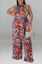 xl-5xl plus size summer new 5 colors stretch leaf printing button hollow pocket stylish jumpsuit(with belt)_Black_Purple_Rose Red