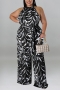 xl-5xl plus size summer new 5 colors stretch leaf printing button hollow pocket stylish jumpsuit(with belt)_Black