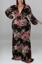 xl-5xl plus size autumn new 7 colors stretch flower printing v-neck hollow lace-up sexy jumpsuit_Black