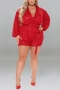 xl-5xl plus size summer new 5 colors slight stretch sequin v-neck with belt stylish playsuit_Black_Red