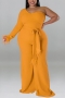 xl-5xl plus size autumn new 6 colors stretch one shoulder feather back zip-up stylish jumpsuit(with belt)_Black_Red_Blue_Brown_Yellow
