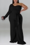 xl-5xl plus size autumn new 6 colors stretch one shoulder feather back zip-up stylish jumpsuit(with belt)_Black