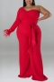 xl-5xl plus size autumn new 6 colors stretch one shoulder feather back zip-up stylish jumpsuit(with belt)_Black_Red