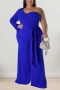 xl-5xl plus size autumn new 6 colors stretch one shoulder feather back zip-up stylish jumpsuit(with belt)_Black_Red_Blue
