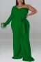 xl-5xl plus size autumn new 6 colors stretch one shoulder feather back zip-up stylish jumpsuit(with belt)_Black_Red_Blue_Brown_Yellow_Green