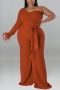xl-5xl plus size autumn new 6 colors stretch one shoulder feather back zip-up stylish jumpsuit(with belt)_Black_Red_Blue_Brown