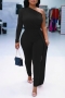 s-2xl plus size autumn new 4 colors stretch one shoulder irregular design side zip-up stylish jumpsuit_Black