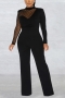 autumn new stylish 5-colors mesh patchwork see-through slight stretch zip-up plus size with shoulder pad sexy jumpsuit_Black