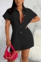 summer new stylish eight colors solid color lapel button short sleeve inelastic plus size casual playsuit_Black