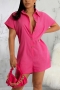 summer new stylish eight colors solid color lapel button short sleeve inelastic plus size casual playsuit_Black_White_Purple_Rose Red_Dark Blue_Magenta