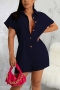 summer new stylish eight colors solid color lapel button short sleeve inelastic plus size casual playsuit_Black_White_Purple_Rose Red_Dark Blue