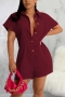 summer new stylish eight colors solid color lapel button short sleeve inelastic plus size casual playsuit_Black_White_Purple_Rose Red