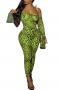 autumn new plus size two colors leopard printing high stretch off shoulder bell-sleeve zip-up sexy slim jumpsuit_Leopard_Green