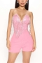 summer new stylish 2 colors rhinestone chain tassels tube design stretch zip-up plus size sexy playsuit_Black_Pink