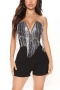 summer new stylish 2 colors rhinestone chain tassels tube design stretch zip-up plus size sexy playsuit_Black