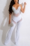 summer new stylish high quality rhinestone deep v-neck sling stitching see-through mesh plus size sexy jumpsuit_White