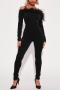 autumn&winter new stylish 3-colors solid color plus size slight stretch sling fuzzy velvet slim jumpsuit_Black