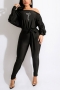 autumn new 5 colors letter fixed printing stretch off-the-shoulder long sleeves with belt stylish jumpsuit_Black