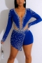 plus size stitching mesh stretch v-neck rhinestone pearl sexy playsuit_Black_White_Red_Blue