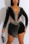 plus size stitching mesh stretch v-neck rhinestone pearl sexy playsuit_Black