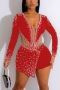 plus size stitching mesh stretch v-neck rhinestone pearl sexy playsuit_Black_White_Red