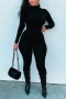 new 10 colors stretch high neck back zip-up button slim stylish jumpsuit_Black