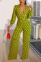 slight stretch 3 colors plus-size v-neck fashion print jumpsuit(with belt)_Blue_Yellow