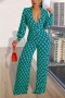 slight stretch 3 colors plus-size v-neck fashion print jumpsuit(with belt)_Blue