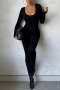 new 5 colors stretch long sleeves solid color slim stylish jumpsuit_Black