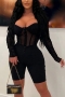 plus size slight stretch 5-colors mesh see-through shirring slim sexy playsuit_Black