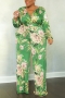 xl-5xl plus-size stretch flower batch printing 5 colors with belt jumpsuit_Dark Blue_Brown_Orange_Yellow_Green