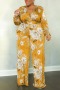 xl-5xl plus-size stretch flower batch printing 5 colors with belt jumpsuit_Dark Blue_Brown_Orange_Yellow